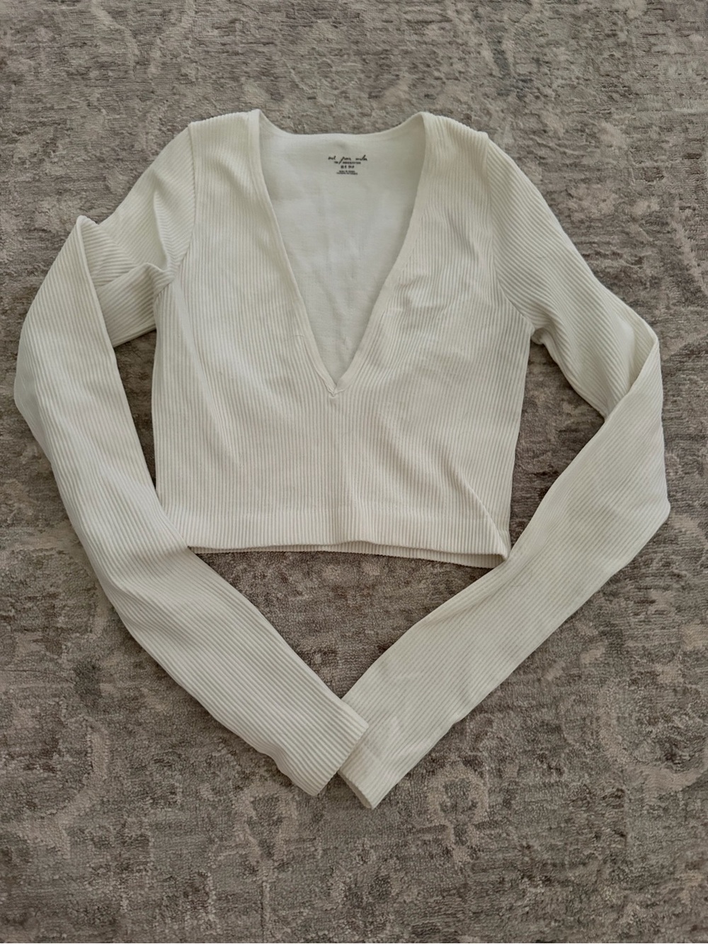 Free People Cream Ribbed V-Neck Long Sleeve Crop Top